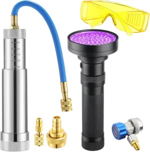 A/C Oil Dye Injector Kit, Backflow Prevent with Low Side Adjustable Coupler and Oil Checkers and UV Light and UV Protective Glasses for R134A R22 R12 R1234YF Refrigerant System