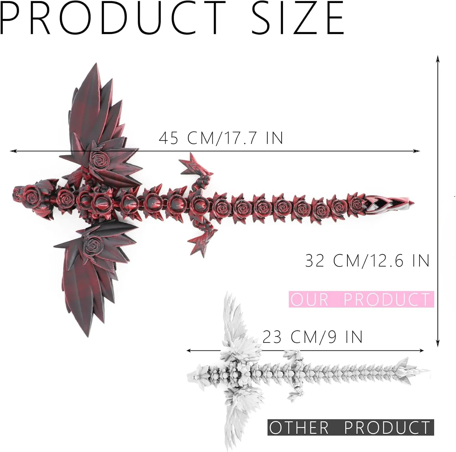 ACOCOFE 3D-Printed Dragon with Wings, 18 Inch Articulated Winged Dragon, Mystery Crystal, Home Office Decor Gift (Black, Red Rose)