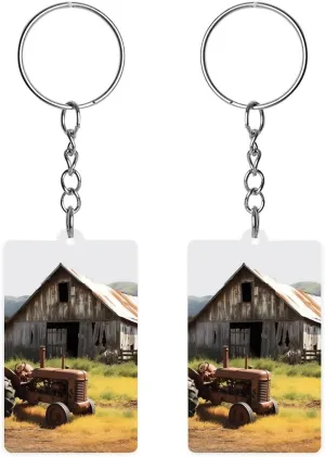 Acrylic Keychain Blanks Old Wooden Barn Tractor Keychains for Bag Car Rectangle Acrylic Ornament Blanks Key Rings with Chain Jump Rings