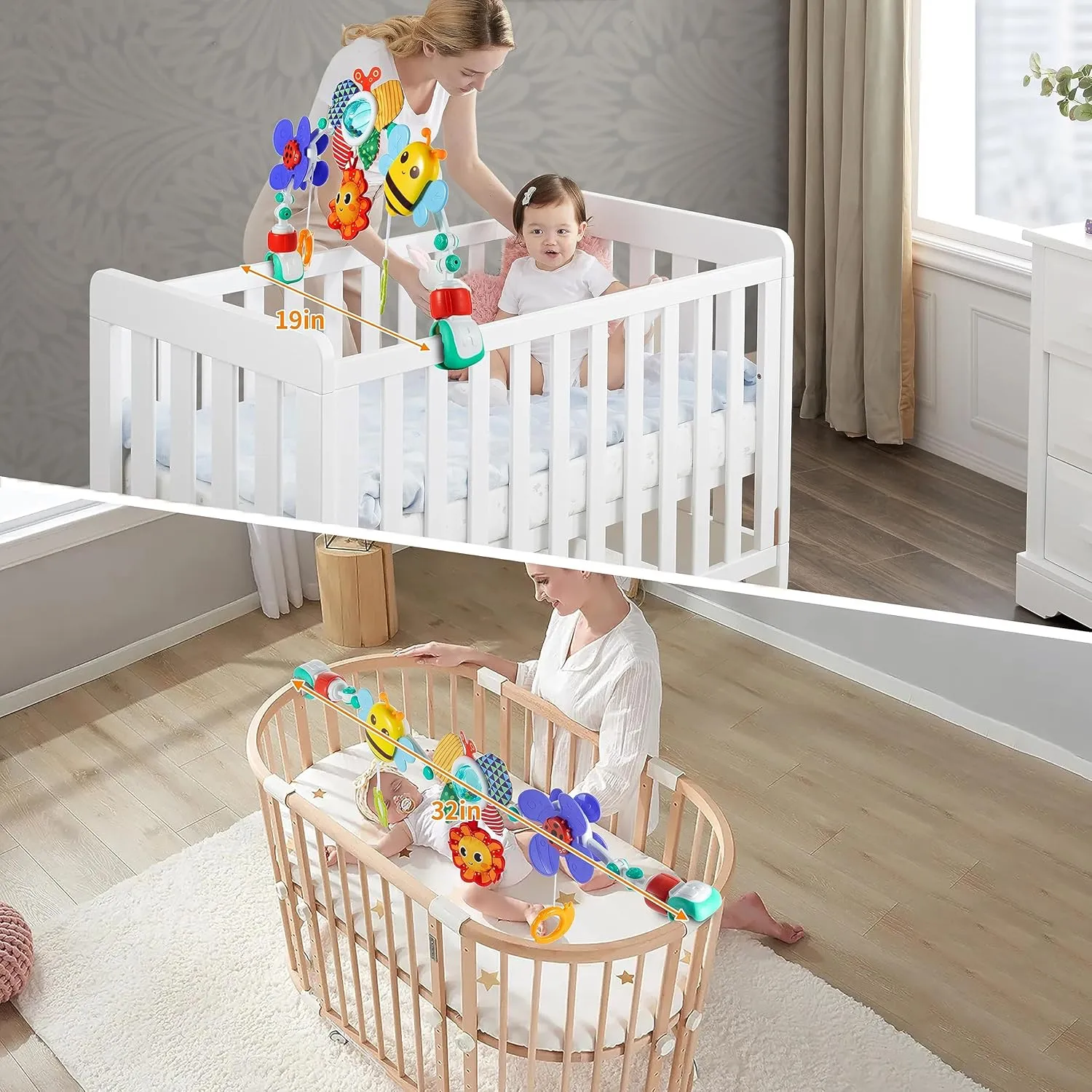 Adjustable Arch Bassinet Toys for Infant & Toddlers, Stroller Arch, Baby Crib Toys with Fascinating Toys for Stimulating Baby’s Senses and Developing Motor Skills