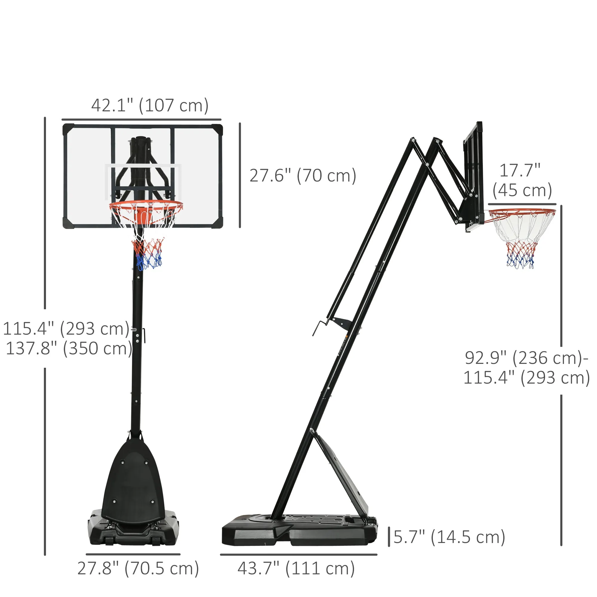 Adjustable Height Portable Basketball Hoop Stand with Backboard Wheels Weighted Base for Outdoor Indoor Play