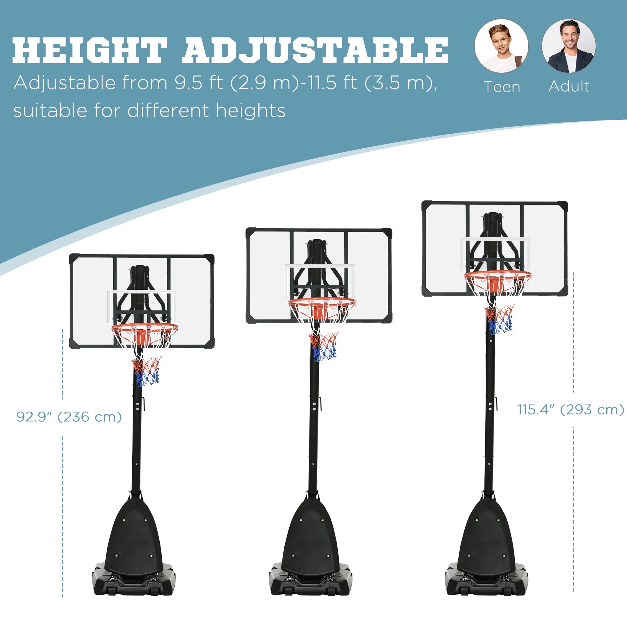 Adjustable Height Portable Basketball Hoop Stand with Backboard Wheels Weighted Base for Outdoor Indoor Play