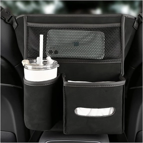 AICEL Car Net Pocket Handbag Holder Between Seats, Purse Holder with Adjustable Buckle Strap, Large Capacity Storage Organizer Mesh Bag Barrier in Front Seat Center Console, Car Accessories (Black)
