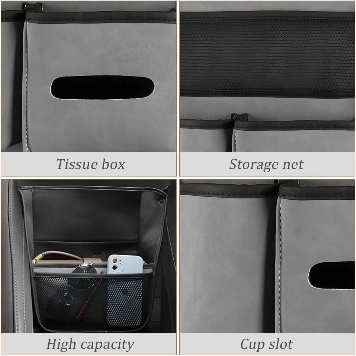 AICEL Car Net Pocket Handbag Holder Between Seats, Purse Holder with Adjustable Buckle Strap, Large Capacity Storage Organizer Mesh Bag Barrier in Front Seat Center Console, Car Accessories (Black)