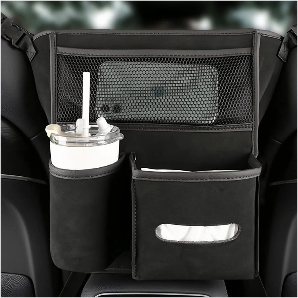 AICEL Car Net Pocket Handbag Holder Between Seats, Purse Holder with Adjustable Buckle Strap, Large Capacity Storage Organizer Mesh Bag Barrier in Front Seat Center Console, Car Accessories (Black)