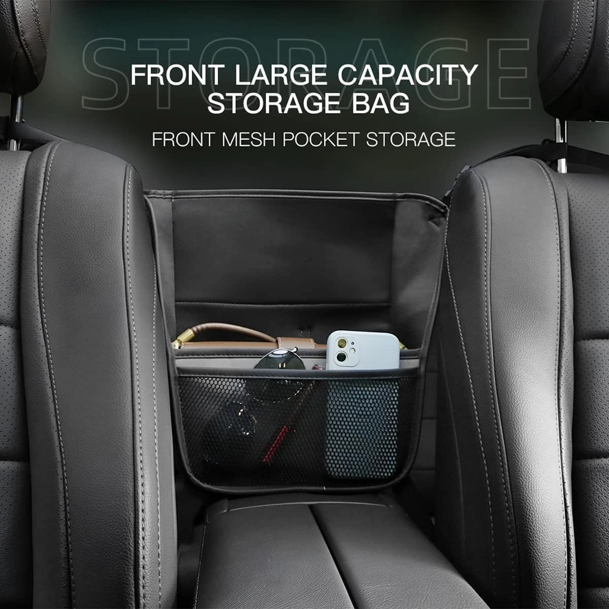 AICEL Car Net Pocket Handbag Holder Between Seats, Purse Holder with Adjustable Buckle Strap, Large Capacity Storage Organizer Mesh Bag Barrier in Front Seat Center Console, Car Accessories (Black)
