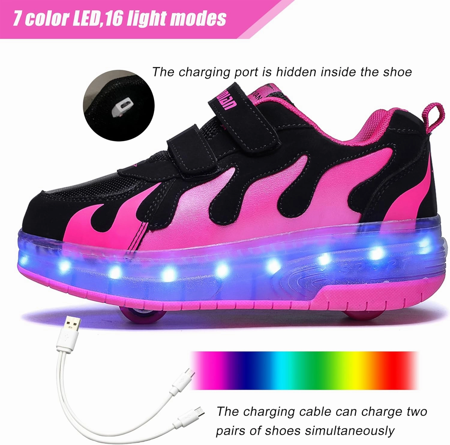 Aikuass USB Chargable LED Light Up Roller Shoes Wheeled Skate Sneaker Shoes for Boys Girls Kids