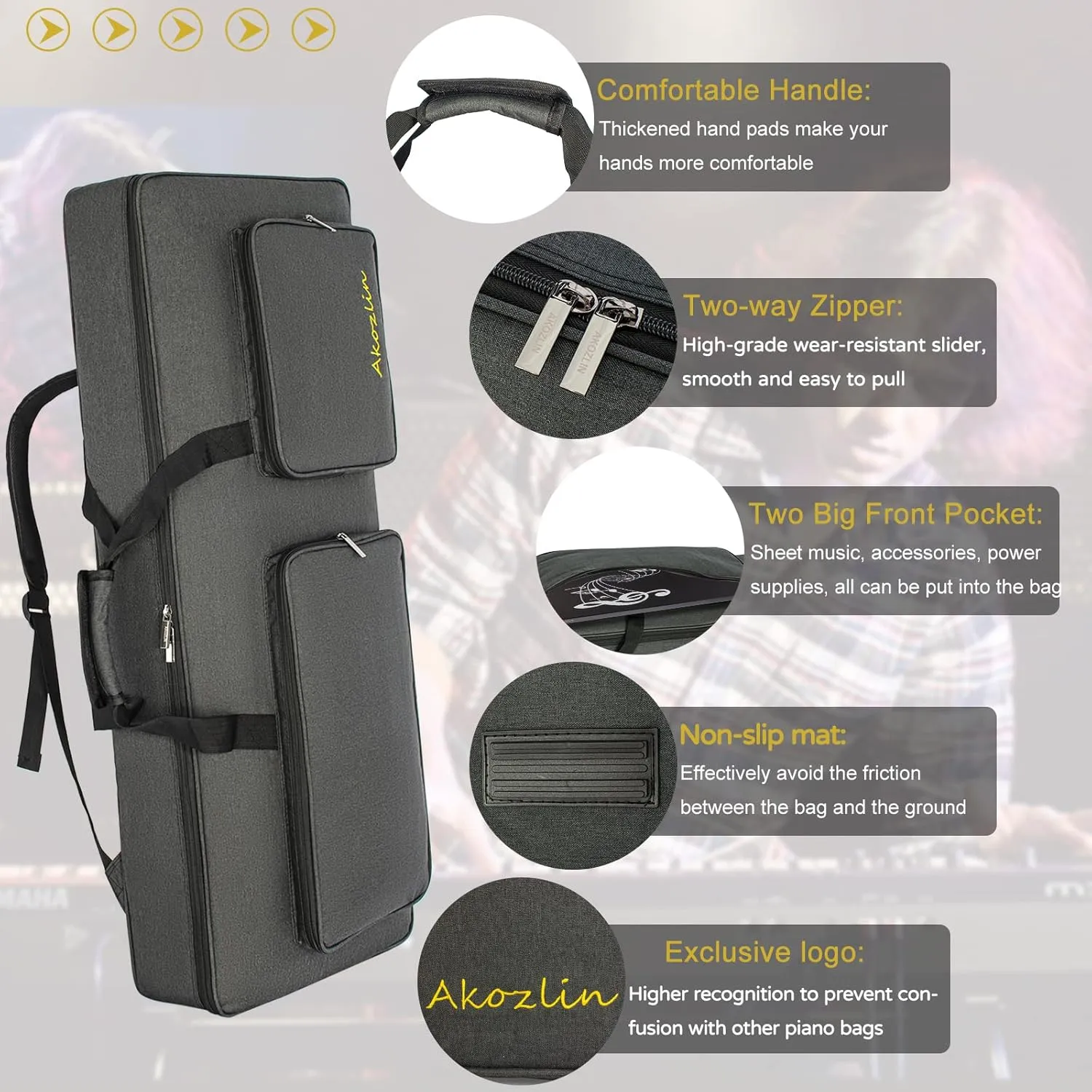 AKOZLIN 61-Key Full Padded Keyboard Gig Bag, 41.7”×17.3”×6.3”Portable Electric Piano Keyboard Case Foldable Bag