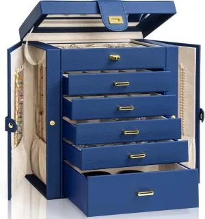 AKOZLIN Large Jewelry Box Organizer Functional Lockable with Big Mirror, Leather Jewelry Storage Case for Women Girls Ring Necklace Earring Bracelet Holder Organizer Blue