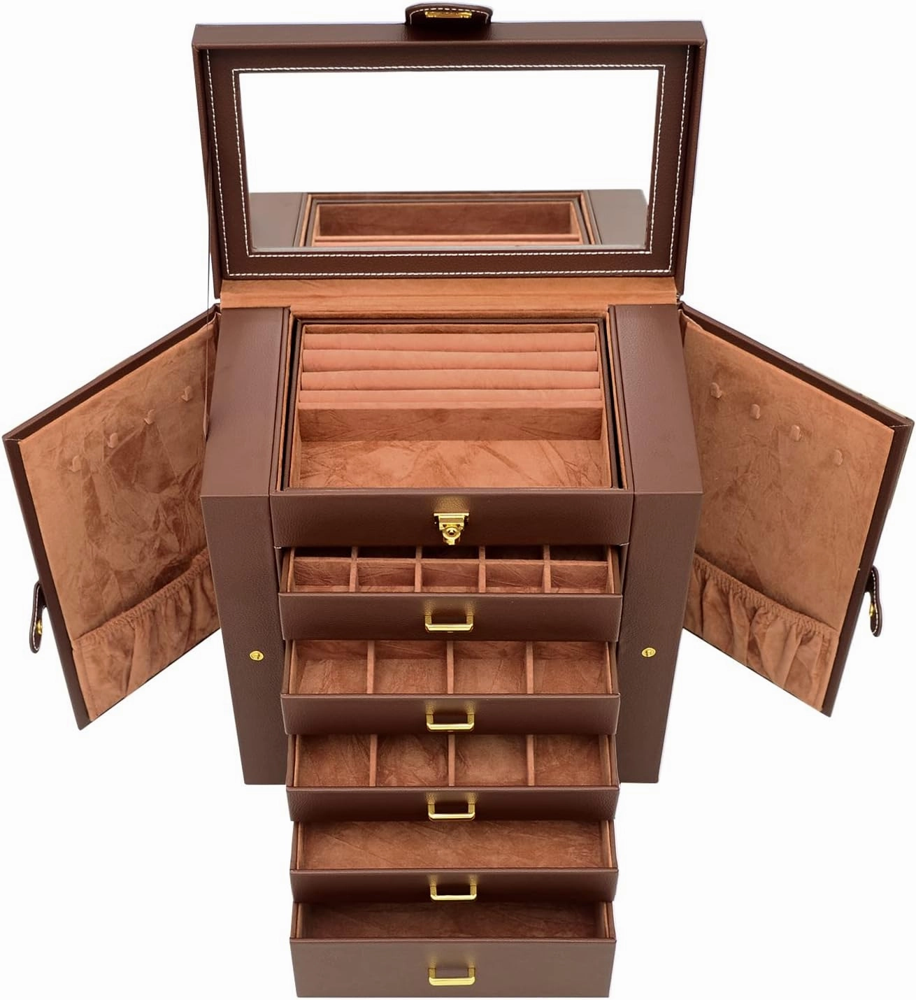 AKOZLIN Large 6-Tier Jewelry Box Organizer Functional Huge Lockable,5 Drawers Leather Jewelry Storage Case for Women Girls Ring Necklace Earring Bracelet Holder Organizer with Mirror Brown