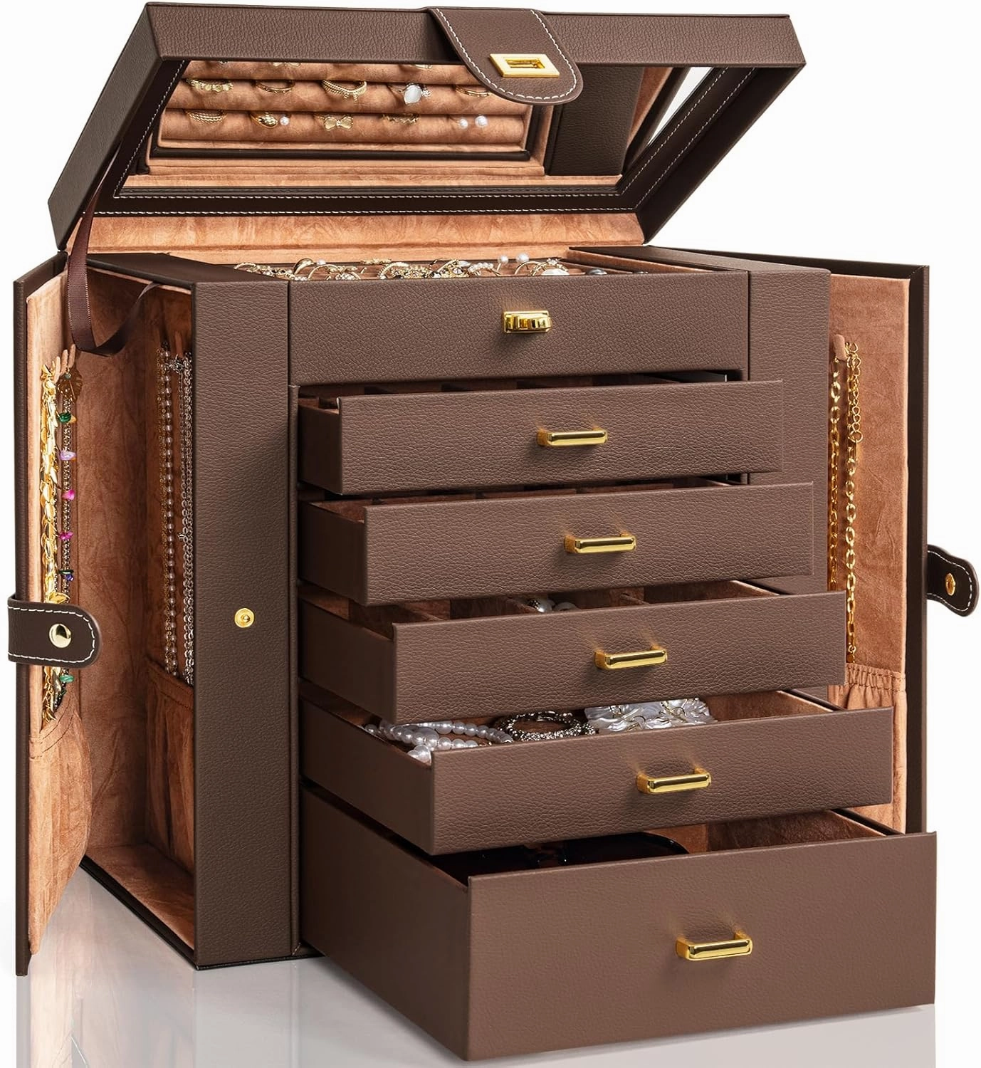 AKOZLIN Large 6-Tier Jewelry Box Organizer Functional Huge Lockable,5 Drawers Leather Jewelry Storage Case for Women Girls Ring Necklace Earring Bracelet Holder Organizer with Mirror Brown