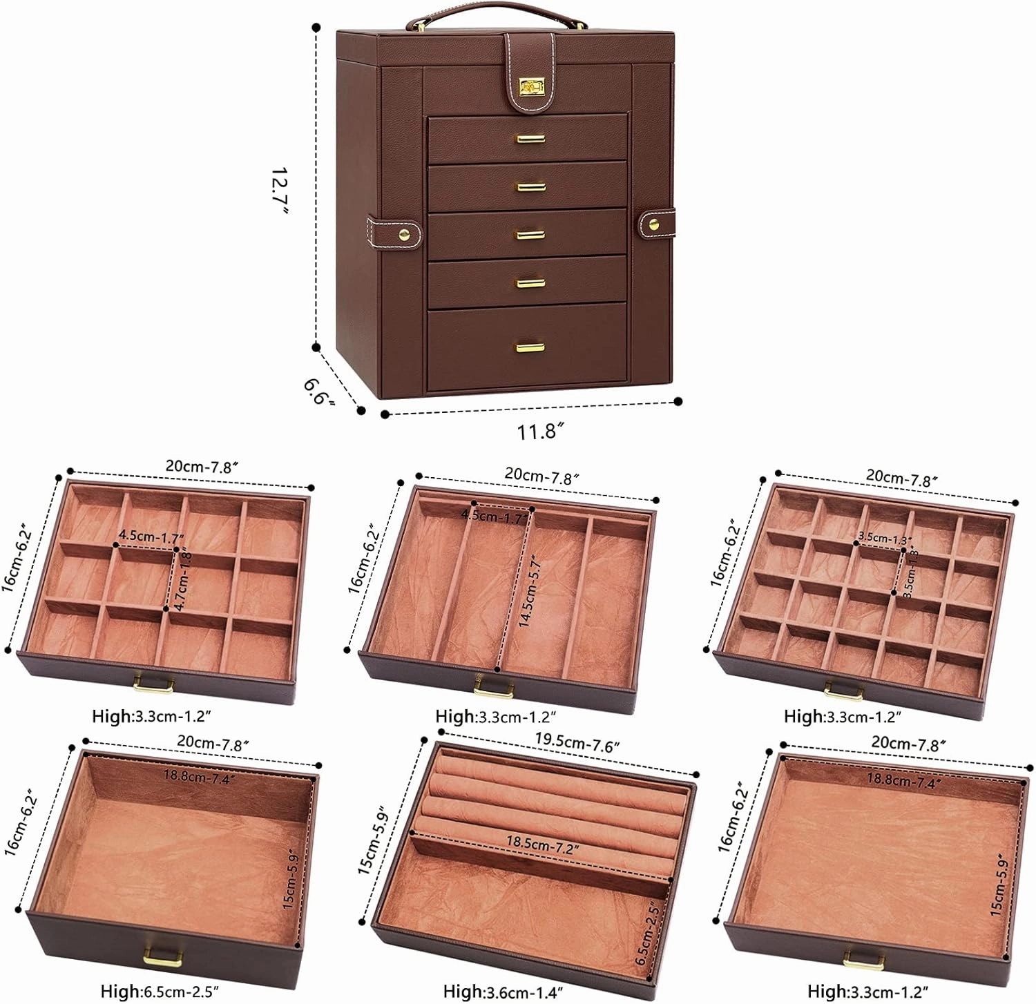 AKOZLIN Large 6-Tier Jewelry Box Organizer Functional Huge Lockable,5 Drawers Leather Jewelry Storage Case for Women Girls Ring Necklace Earring Bracelet Holder Organizer with Mirror Brown