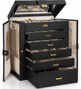 AKOZLIN Large Jewelry Box Organizer Functional Lockable with Big Mirror, Leather Jewelry Storage Case for Women Girls Ring Necklace Earring Bracelet Holder Organizer