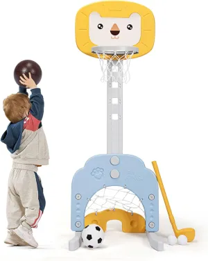 AKUSTIK 3 in 1 Toddlers Basketball Hoop Stand, Adjustable Height Sports Center with Basketball Soccer Golf Game Set, Portable Indoor Outdoor Activity Playset Gift for Kids 1-3