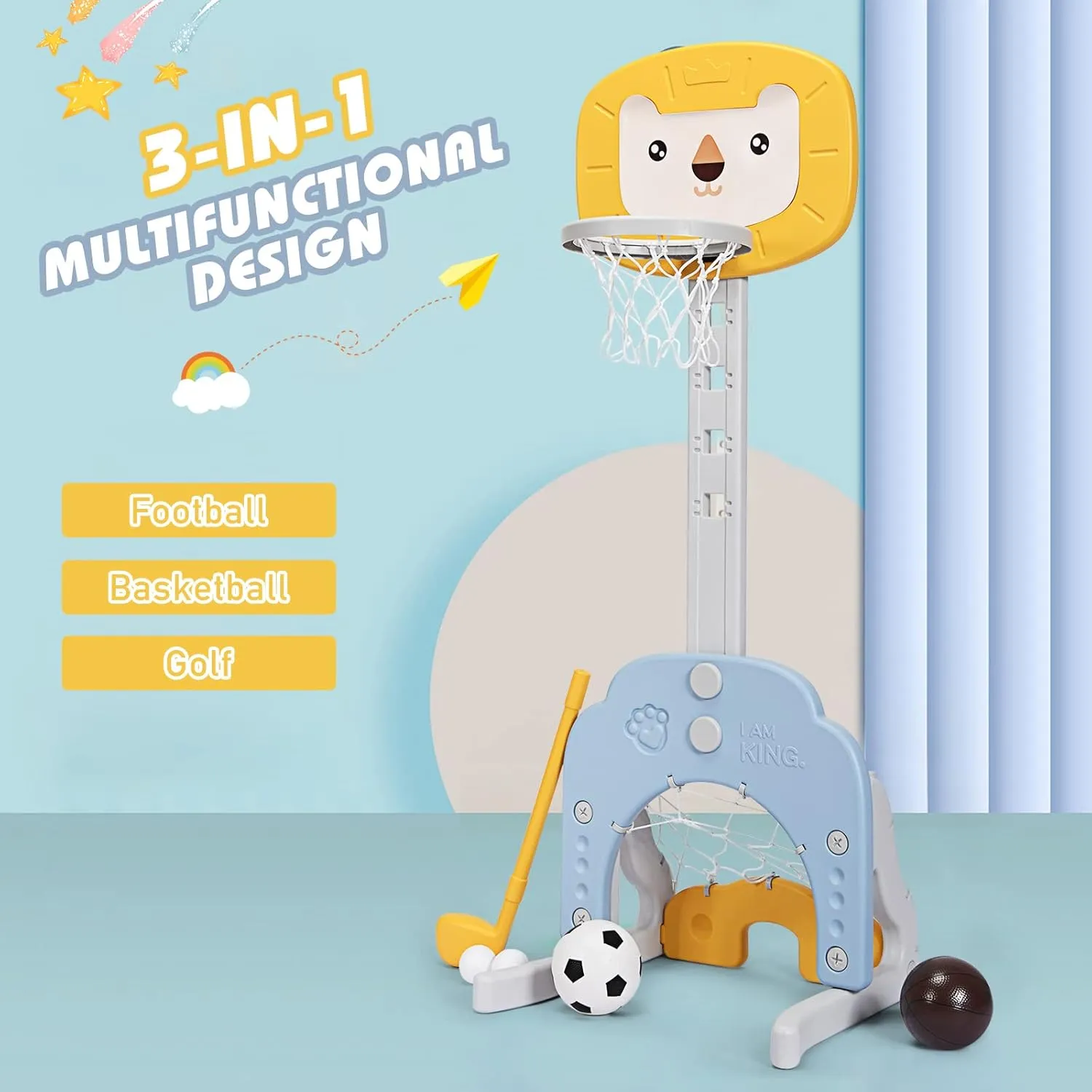 AKUSTIK 3 in 1 Toddlers Basketball Hoop Stand, Adjustable Height Sports Center with Basketball Soccer Golf Game Set, Portable Indoor Outdoor Activity Playset Gift for Kids 1-3