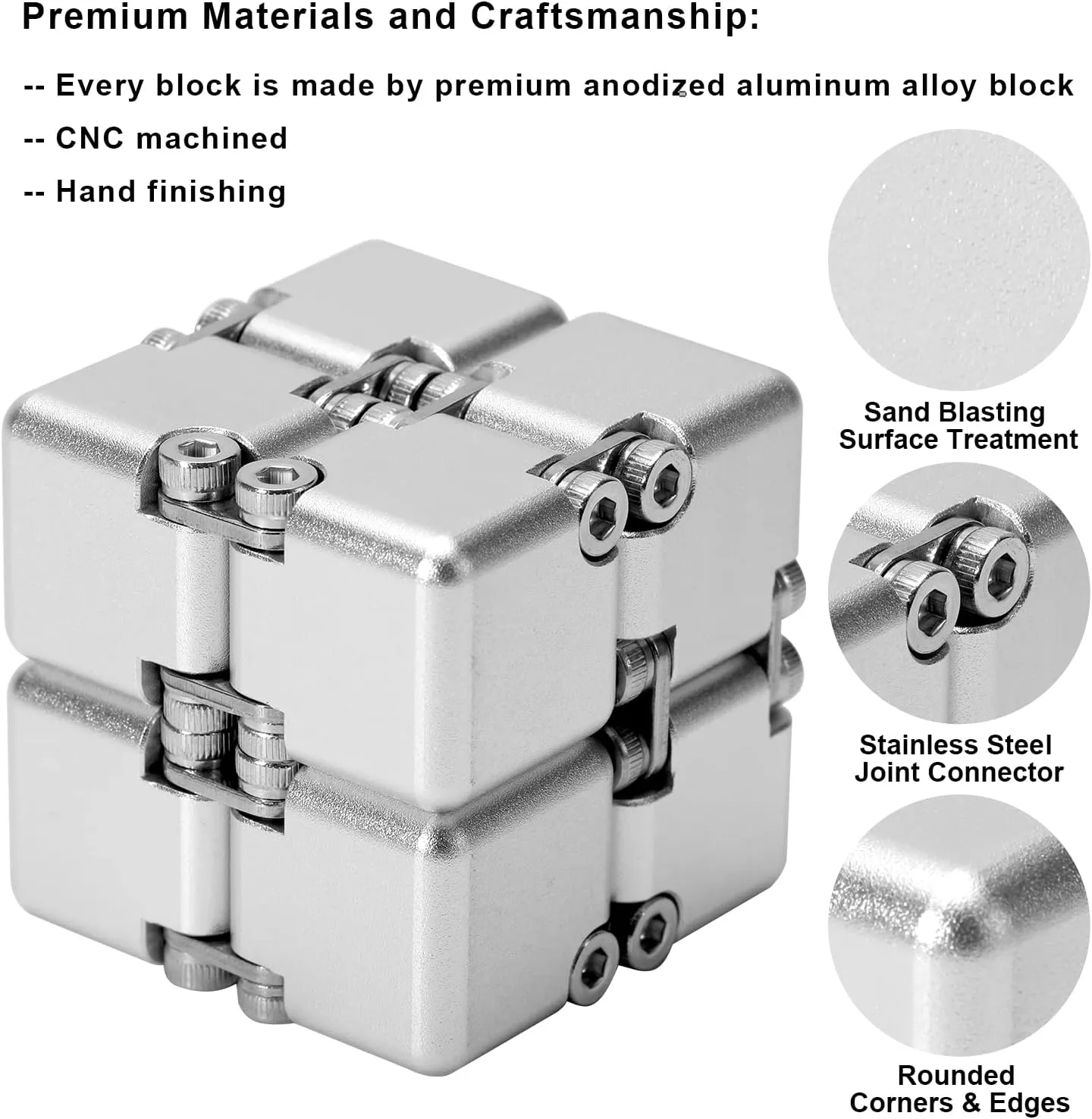 Aluminum Alloy Metal Infinity Cube Fidget Cube (6 Colors) Handheld Fidget Toy Desk Toy with Cool Case Infinity Magic Cube Relieve Stress Anxiety ADHD OCD for Kids and Adults (Silver)