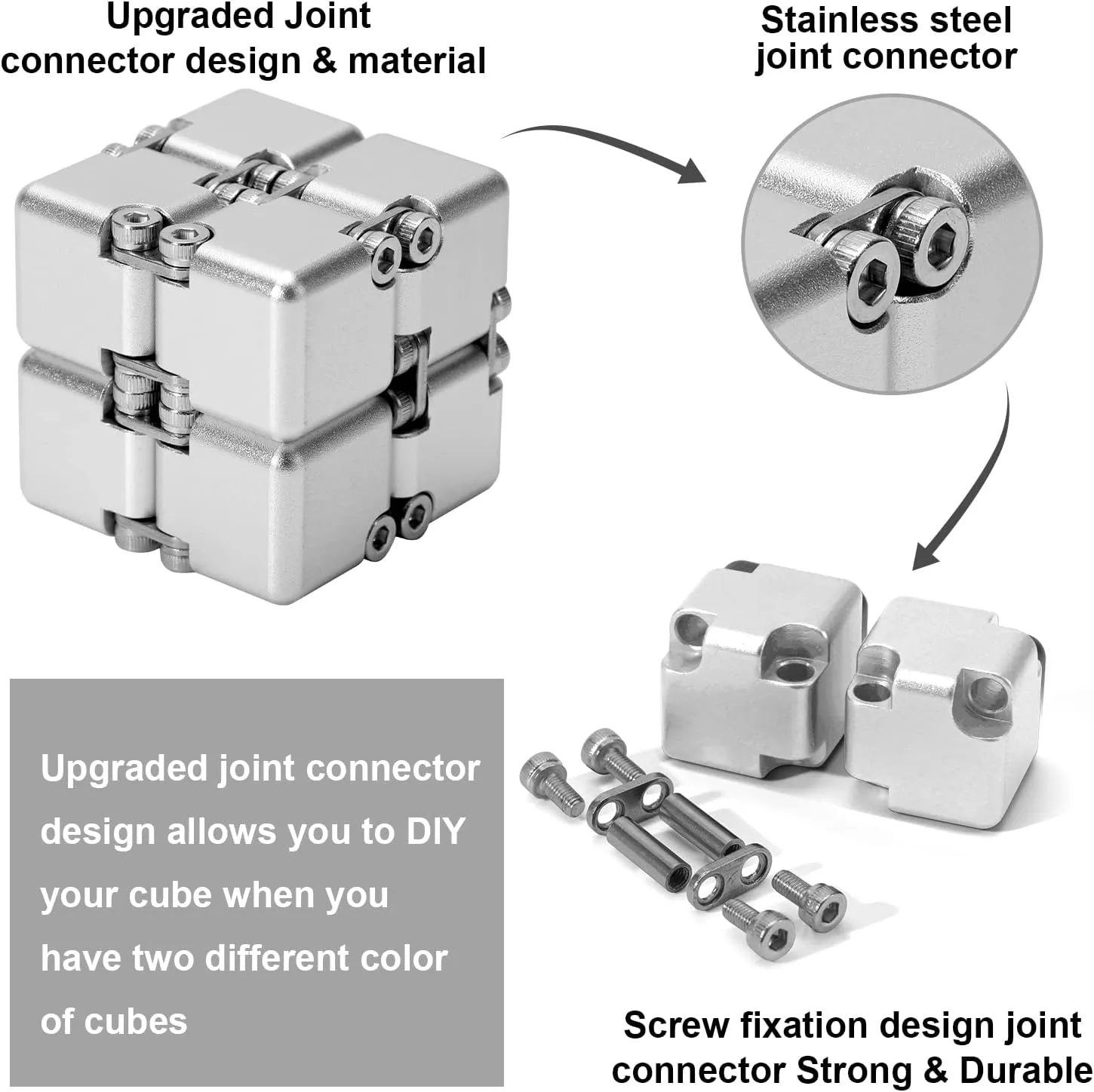 Aluminum Alloy Metal Infinity Cube Fidget Cube (6 Colors) Handheld Fidget Toy Desk Toy with Cool Case Infinity Magic Cube Relieve Stress Anxiety ADHD OCD for Kids and Adults (Silver)