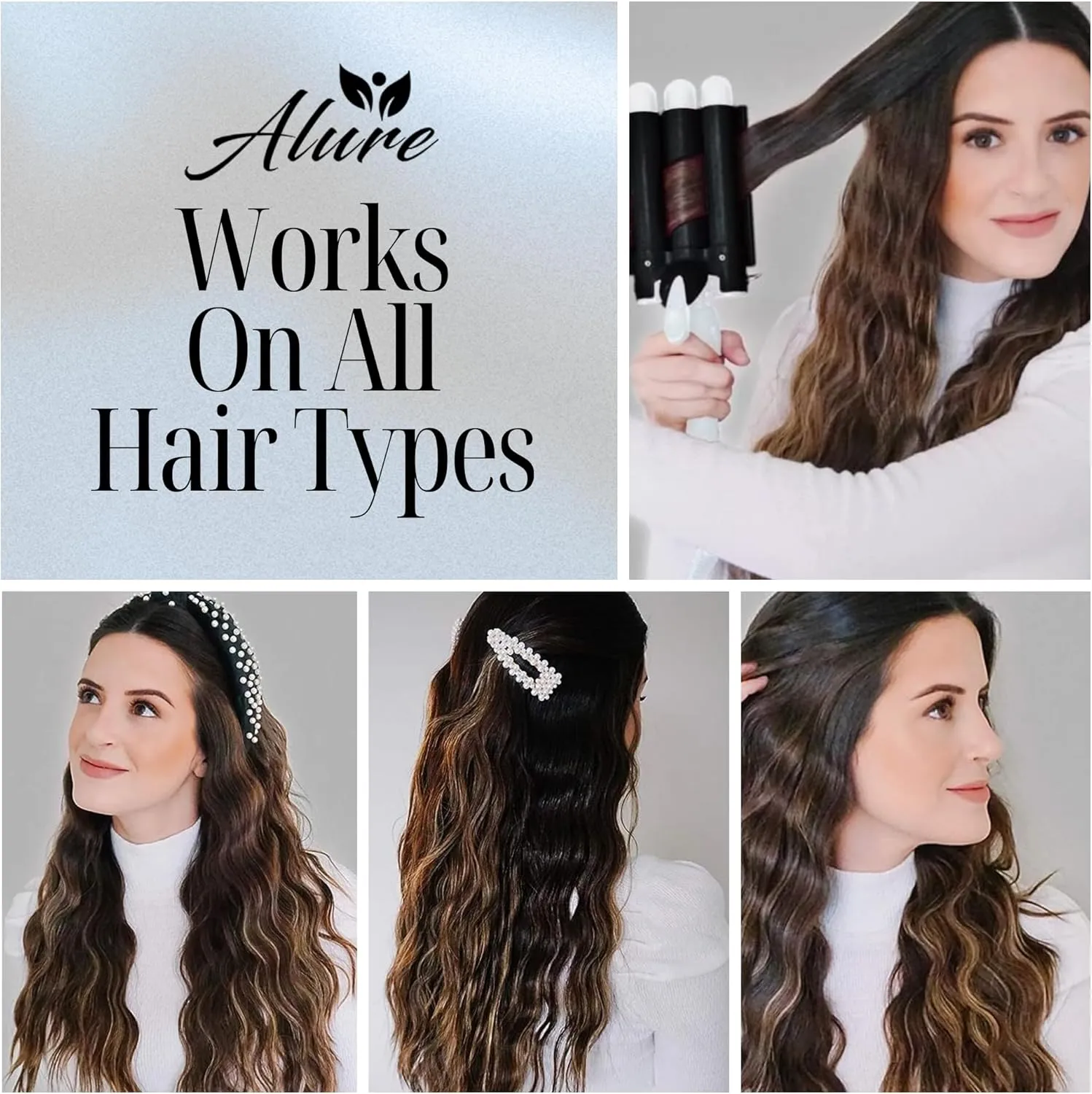 Alure Three Barrel Curling Iron Wand Hair Waver with LCD Temperature Display - 1 Inch Ceramic Tourmaline Triple Barrels, Dual Voltage Crimp (Black/White)