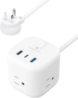 Amazon Basics Power Strip Cube 3 Outlet 3 USB Ports, 1 USB-C(15W) and 2 USB-A(12W), 5 ft Extension Cord, Home, Office, Travel, White