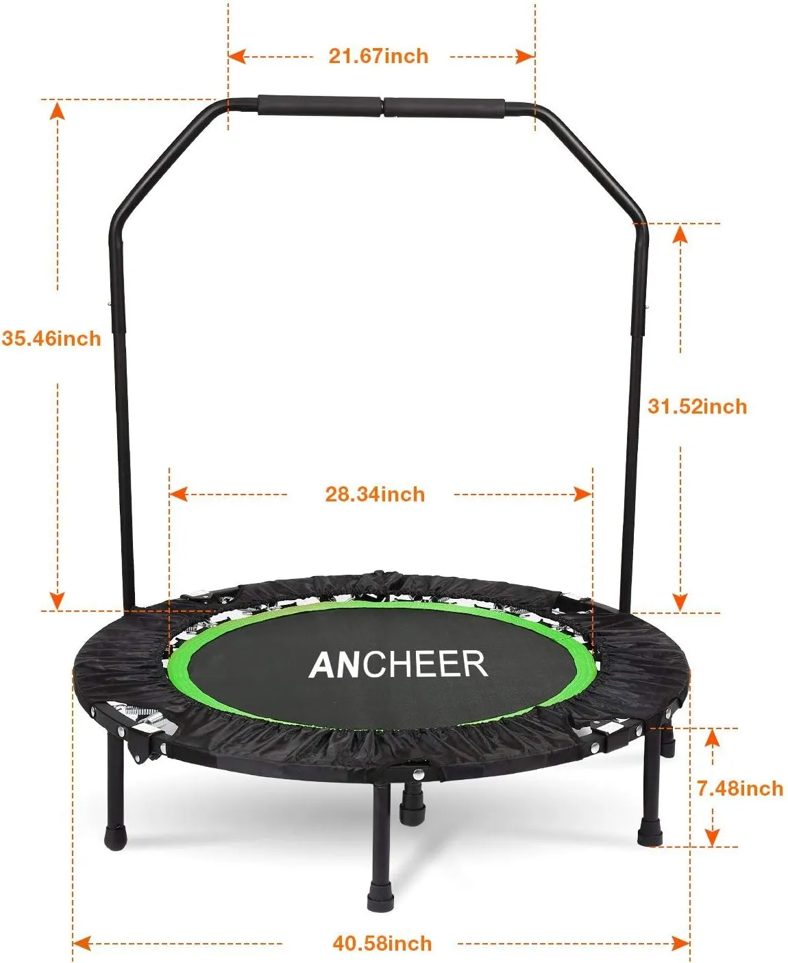 ANCHEER 40" Foldable Mini Trampoline,Max Load 450lbs/550lbs Indoor Trampoline,with 4 Level Adjustable Foam Handle and Resistance Bands,Adult Exercise Trampoline for Home, Garden, and Gym