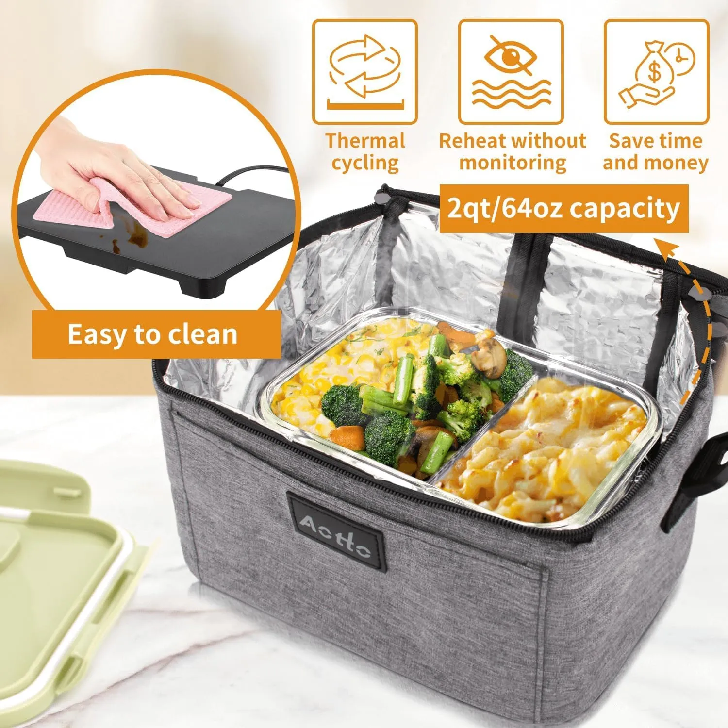 Aotto Portable Oven Electric Lunch Box Food Heater - 12V/24V 2-in-1 Car Food Warmer, Heated Lunch Box for Adults, Cook, Reheat, and Keep Meals Warm for Car, Truck, Travel - Grey
