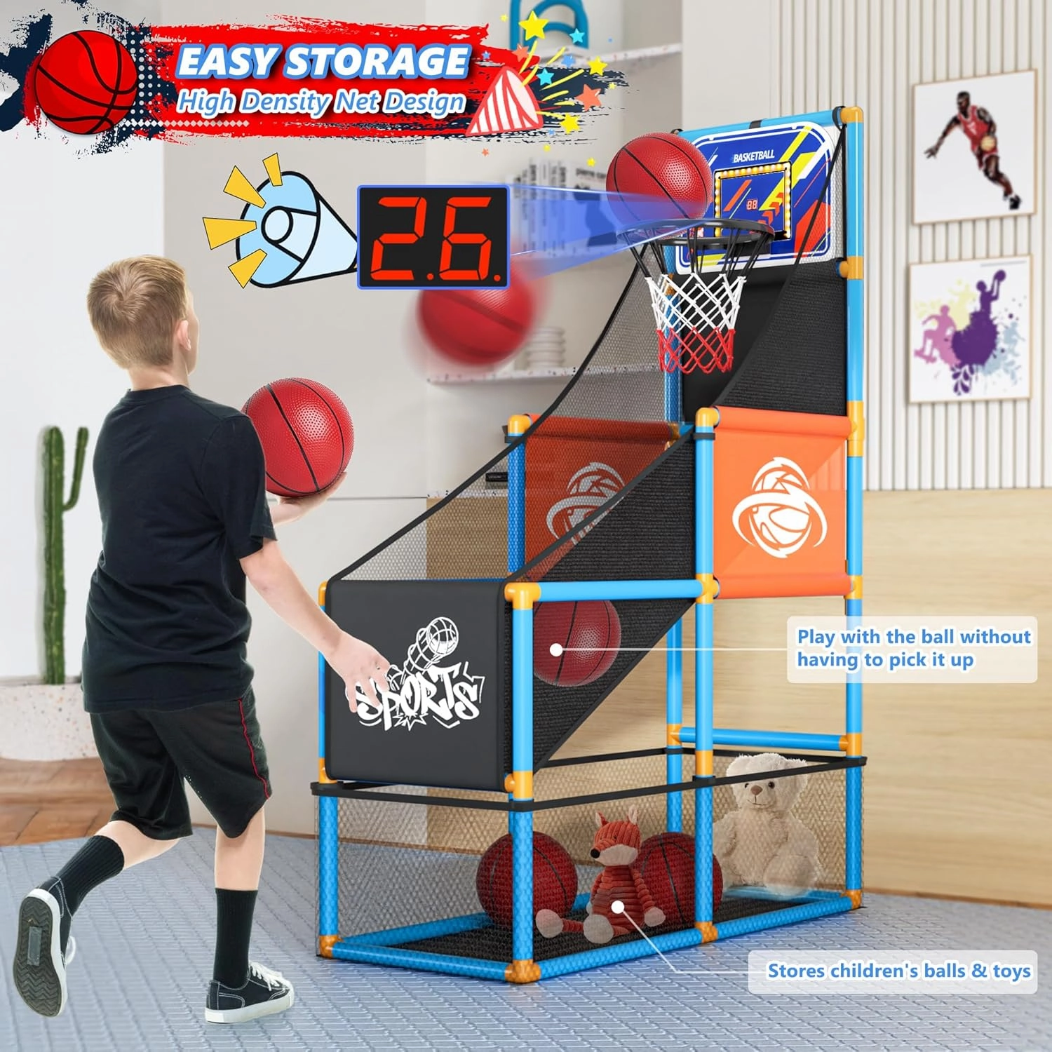 Arcade Basketball Game Set with Electronic Scoreboard&LED Light: Carnival Games Boy Toys Basketball Hoop Indoor Outdoor with 4 Balls & Air Pump Ideal Sports Toy Gifts for Kids 3-12 Years Old