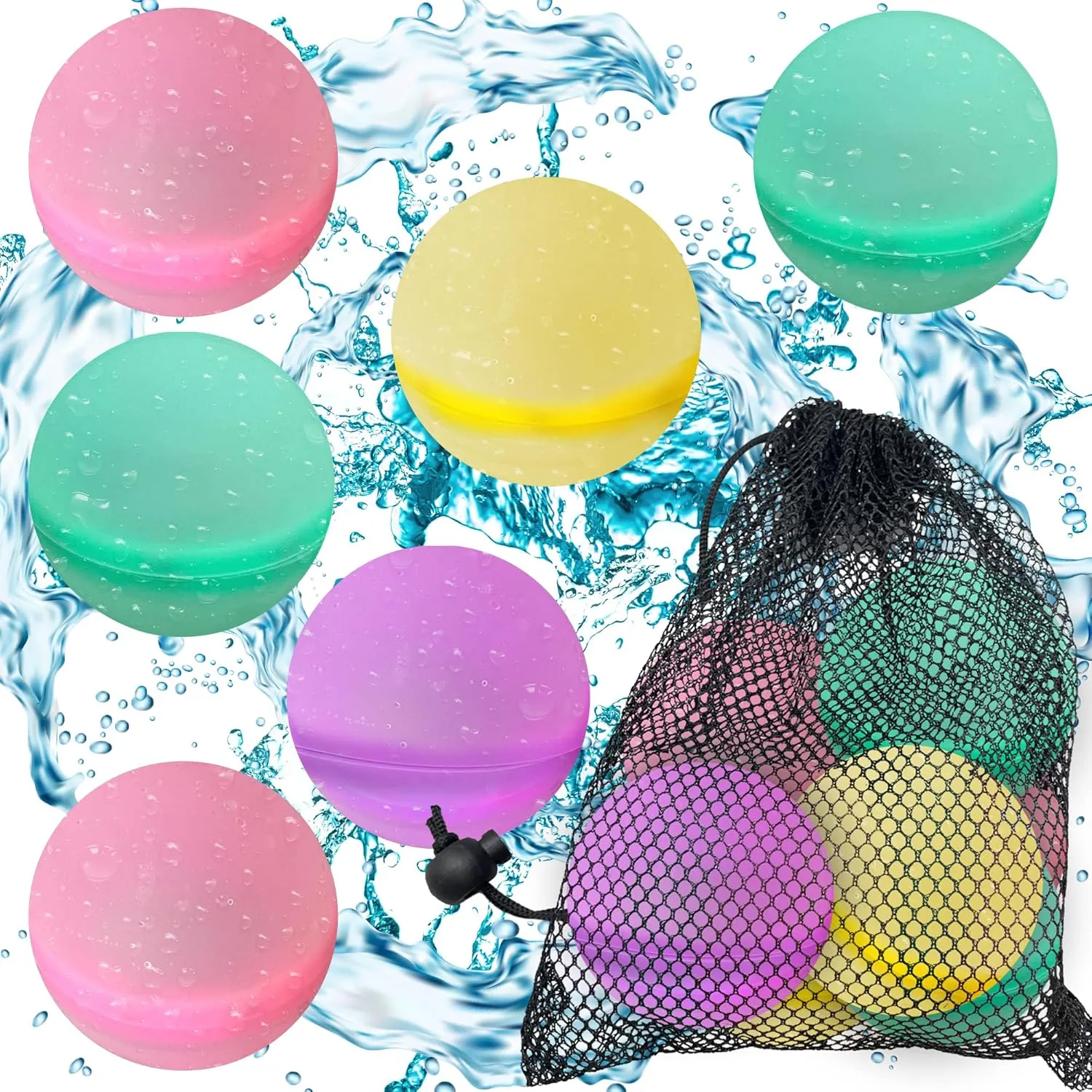 ArtCreativity Reusable Water Balloons for Kids, Set of 6 Self Sealing Water Splash Balls & Mesh Carry Bag, Silicone Water Balloons with Magnetic Closure, Summer Pool Water Games for Kids & Adults