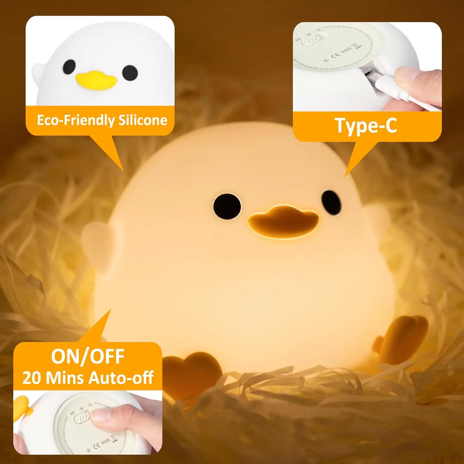 Attivolife DoDo Duck Night Light, Animal Silicone Nursery Lamp with Dimmable, Table Bedside Lamp with Timer for Bedroom, Kawaii LED Squishy Night Light Decor Gifts