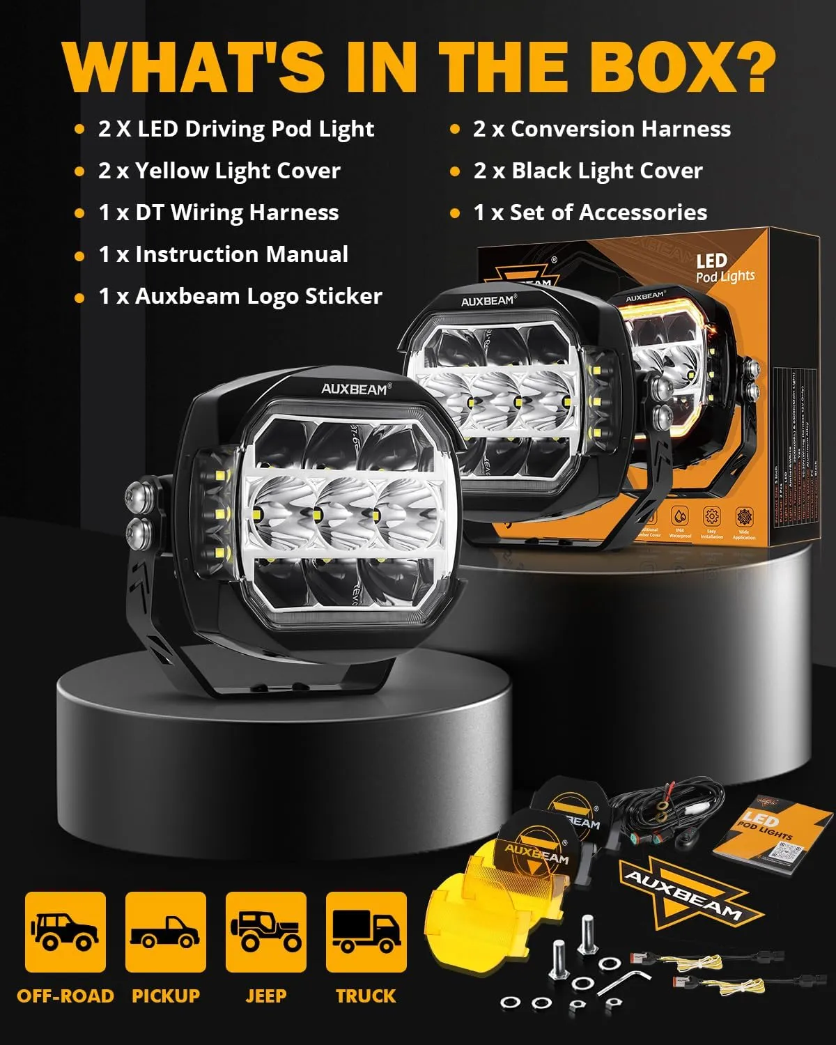 Auxbeam 5Inch LED Offroad Lights, 270° Ultra-Wide Ditch Lights Side Shooter Driving Pods with W/A DRL Turn Signal Light, 174W XP-Ultra Series Spot Flood Combo Cube Fog Light with Yellow/Black Cover