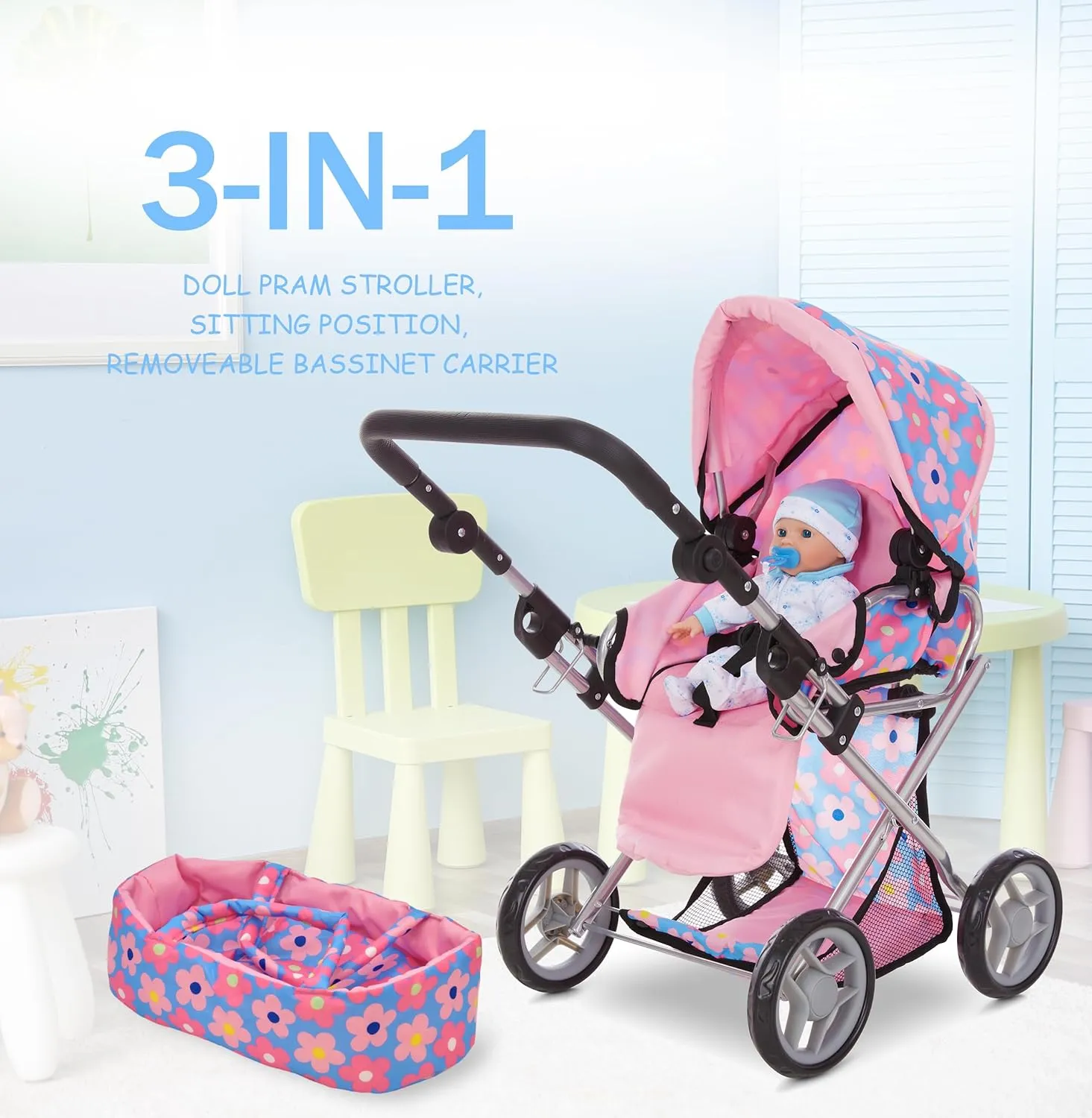 Baby Doll Convertible Pram Stroller with Removable Travel Bassinet Carrier for Kids Adjustable Handle Buggy Carriage with Canopy and Storage Basket 25 Inch Blue