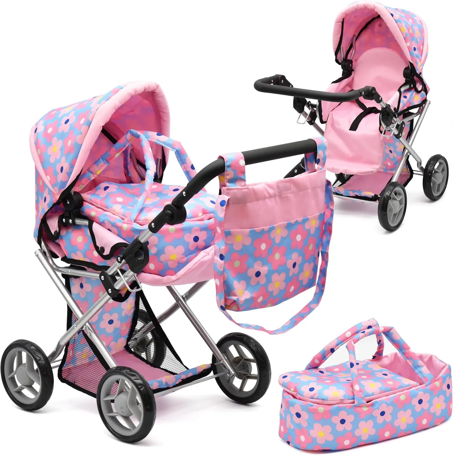Baby Doll Convertible Pram Stroller with Removable Travel Bassinet Carrier for Kids Adjustable Handle Buggy Carriage with Canopy and Storage Basket 25 Inch Blue
