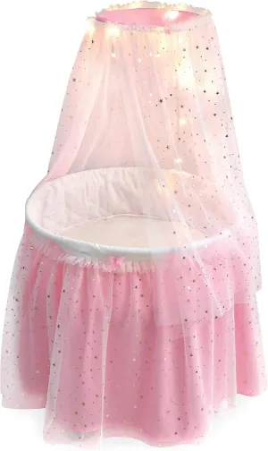 Badger Basket Enchanting Sweet Dreams Round Doll Bassinet with Canopy and LED Lights for 18-Inch Dolls – A Magical Sleeping Space