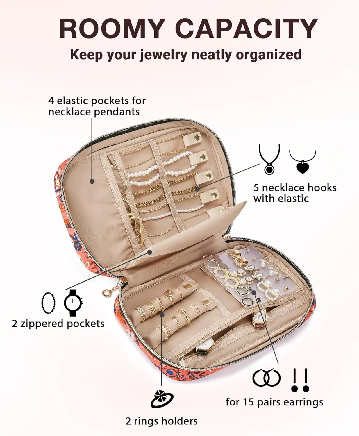 BAGSMART Jewelry Organizer Case Travel Jewelry Storage Bag for Necklace, Earrings, Rings, Bracelet, Red Paisley