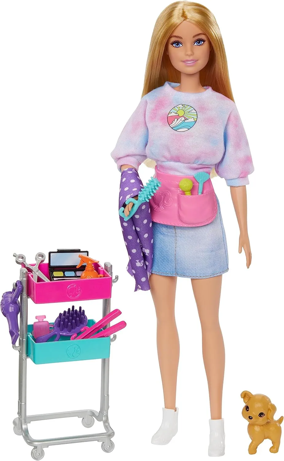 Barbie Stylist Doll & 14 Accessories, Blonde Barbie "Malibu" Fashion Doll On-set with Cart, Smock, Makeup Palette, Pet Puppy & More