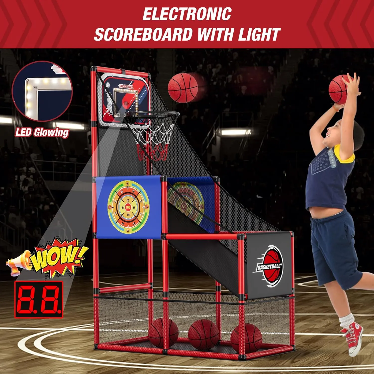 Basketball Arcade Game Indoor Outdoor, Kids Basketball Hoop with 4 Balls & Pump, Single Shot Basketball Game at Home, Carnival Games Sport Toys Gifts for Boys Girls Teens