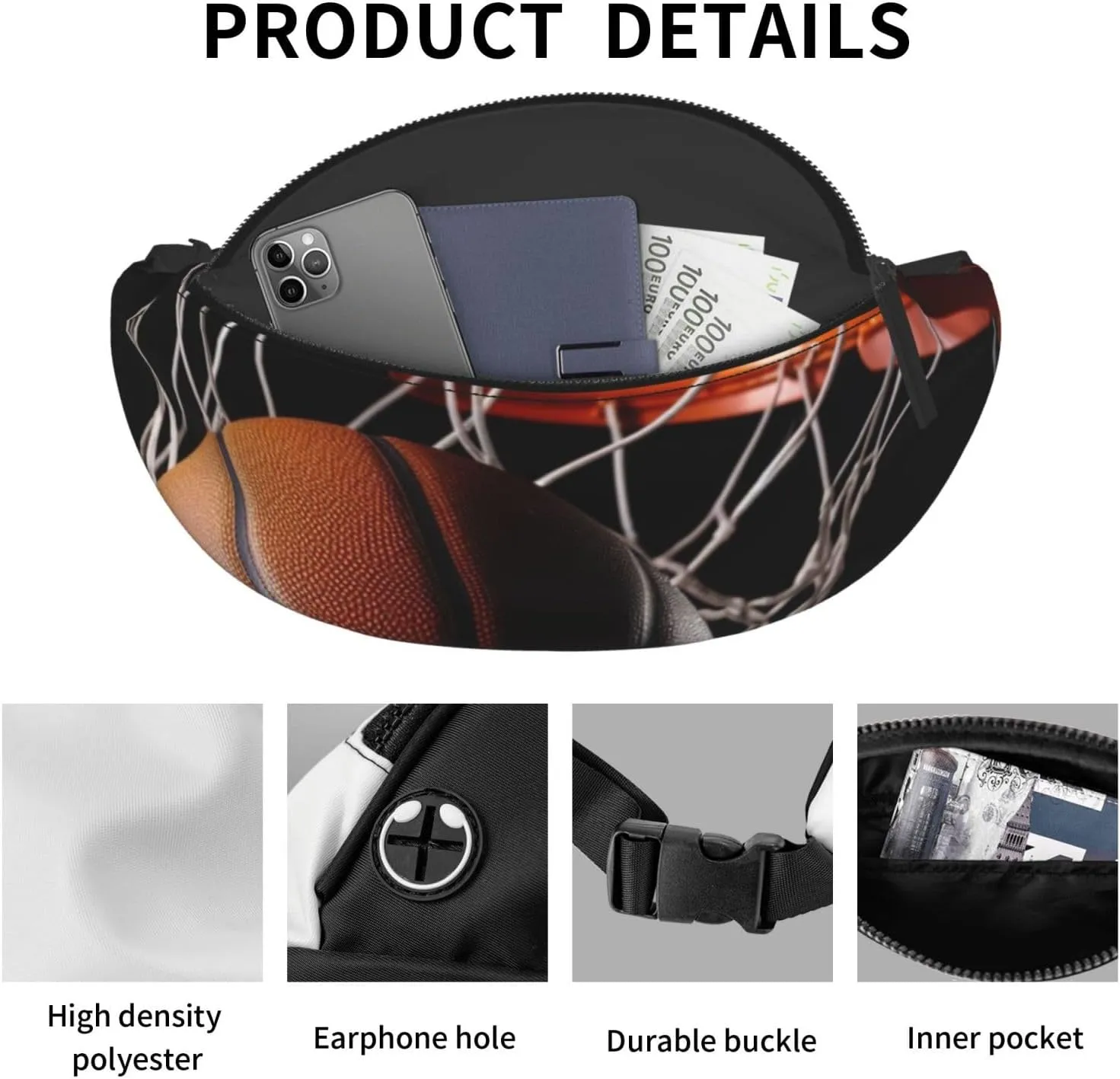 Basketball Fanny Pack for Man Women Waist Bag Adjustable Belt Casual Chest Bag Bum Bags for Travel Sports Running Hiking Waist Packs