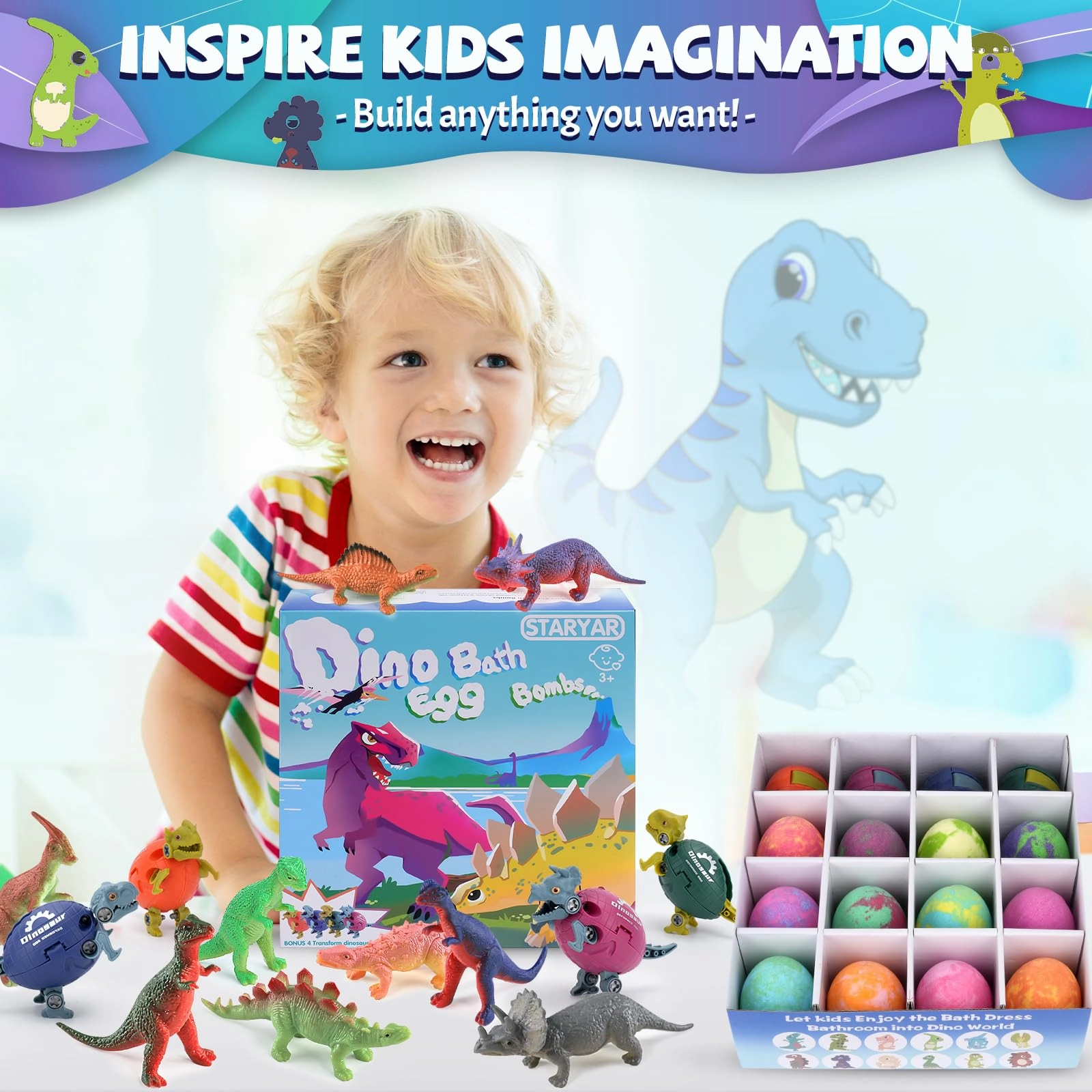 Bath Bombs for Kids with Inside Surprise, 16 Pack Dinosaur Toys for Kids 3 4 5 6 7 8 9 Year, Dinosaur Bath Bombs, Bath Toys, Kids Bath Bombs