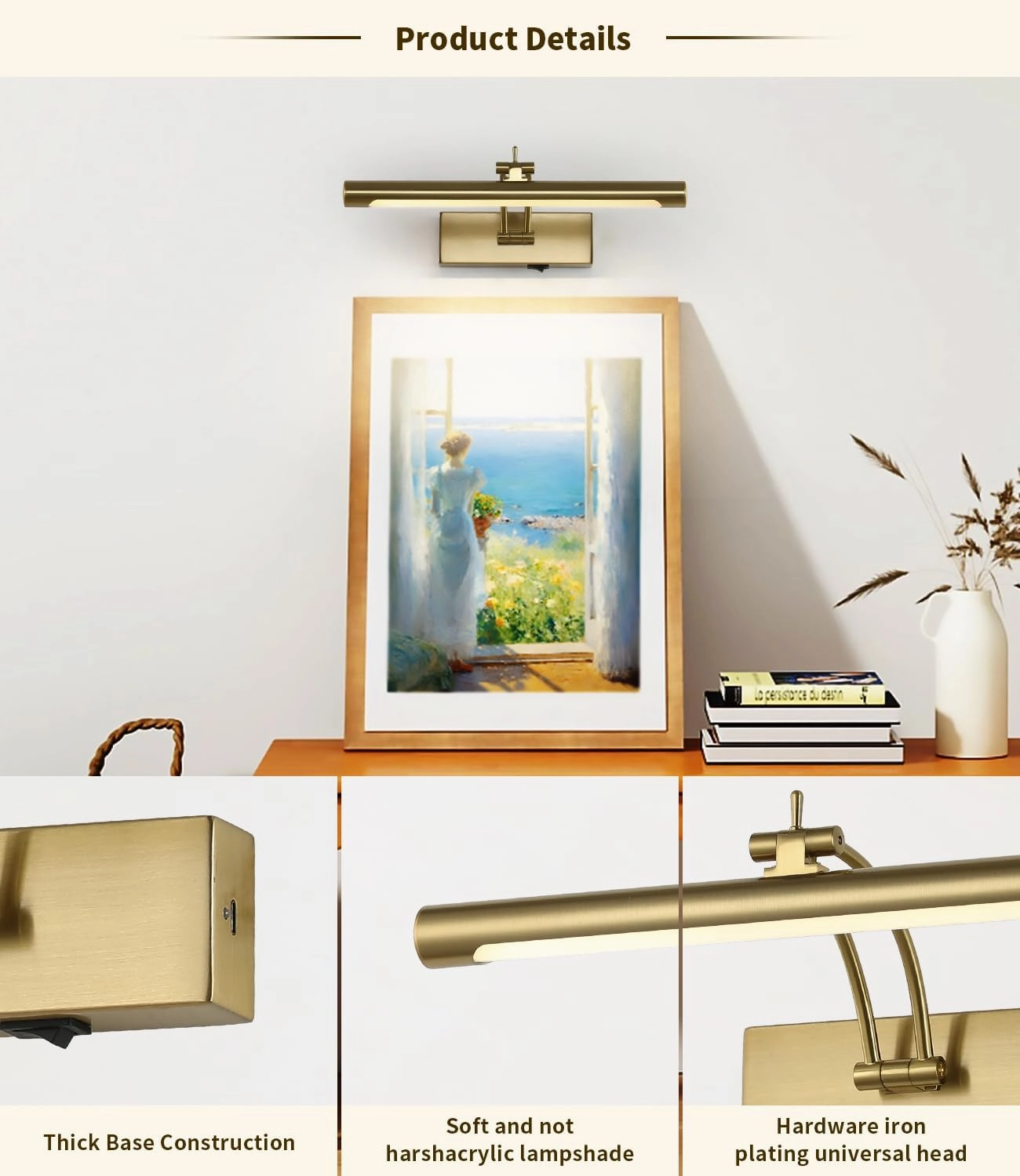 Battery Operated Picture Light with Remote,Wireless Gallery Lights Brass 12in Rechargeable Display Light with Flexible Swing Arm,Dimmable Wall Sconce for Artwork on Wall