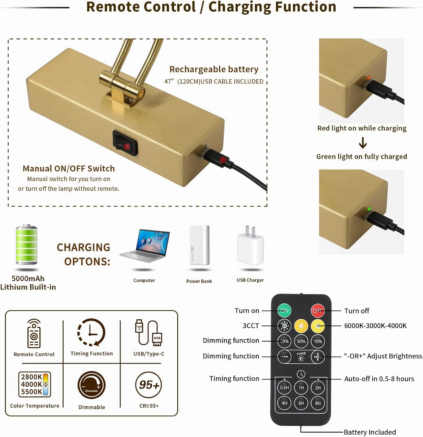 Battery Operated Picture Light with Remote,Wireless Gallery Lights Brass 12in Rechargeable Display Light with Flexible Swing Arm,Dimmable Wall Sconce for Artwork on Wall