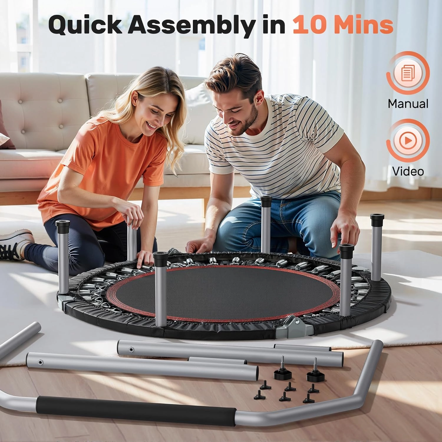 BCAN 40/48" Foldable Mini Trampoline Max Load 330lbs/440lbs, Fitness Rebounder with Adjustable Foam Handle, Exercise Trampoline for Adults Indoor/Garden Workout
