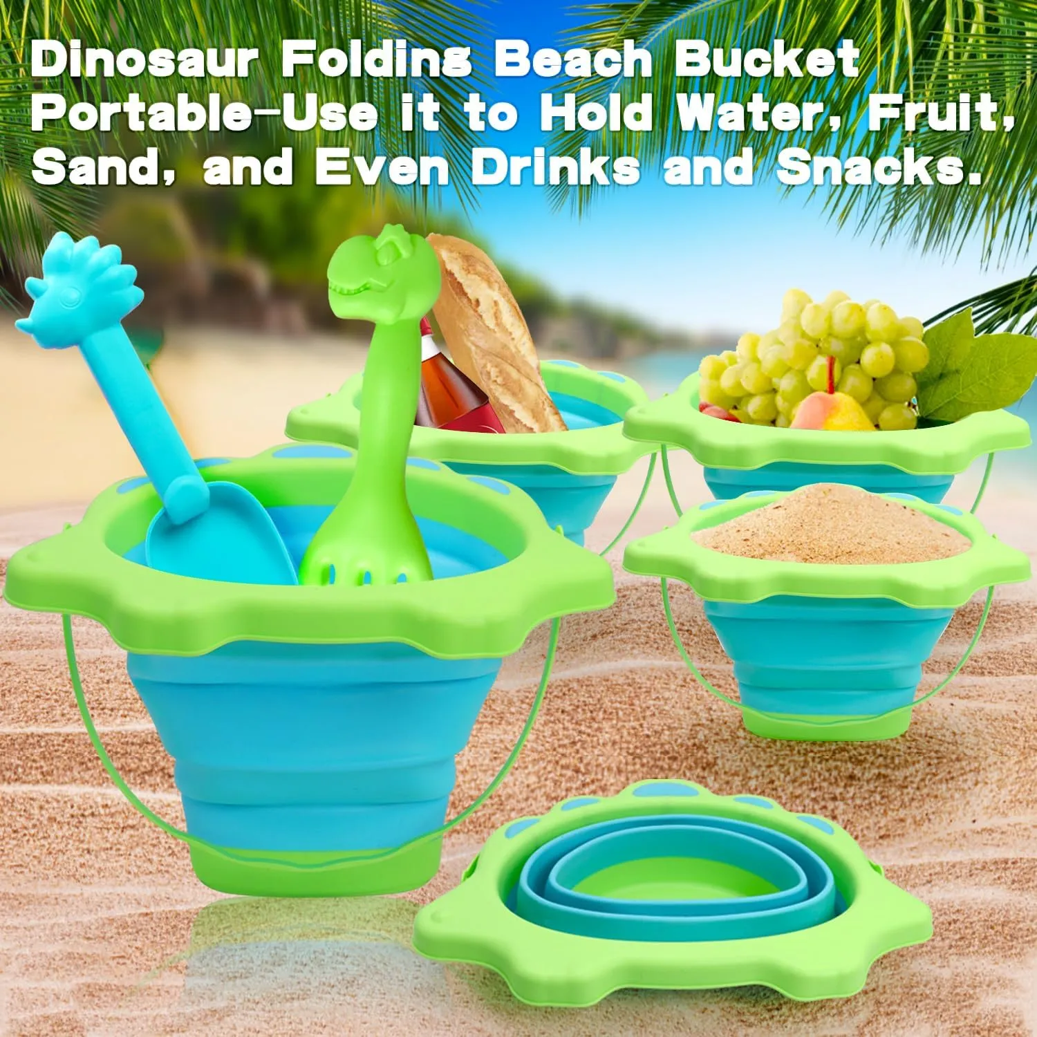 Beach Toys, Sand Box Toys for Kids Outdoor, Sand Toys with 2.5L Silicone Collapsible Bucket, Dinosaur Watering Can, Shovels for Camping Gear, Fishing, and Fun Summer Activities Boy Gift Age 3-10
