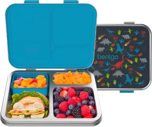 Bentgo Kids Stainless Steel Prints Leak-Resistant Lunch Box - 3-Compartments with Bonus Silicone Container, Durable, Eco-Friendly, Dishwasher Safe, BPA-Free, Ideal for School, Ages 3  (Dinosaur)