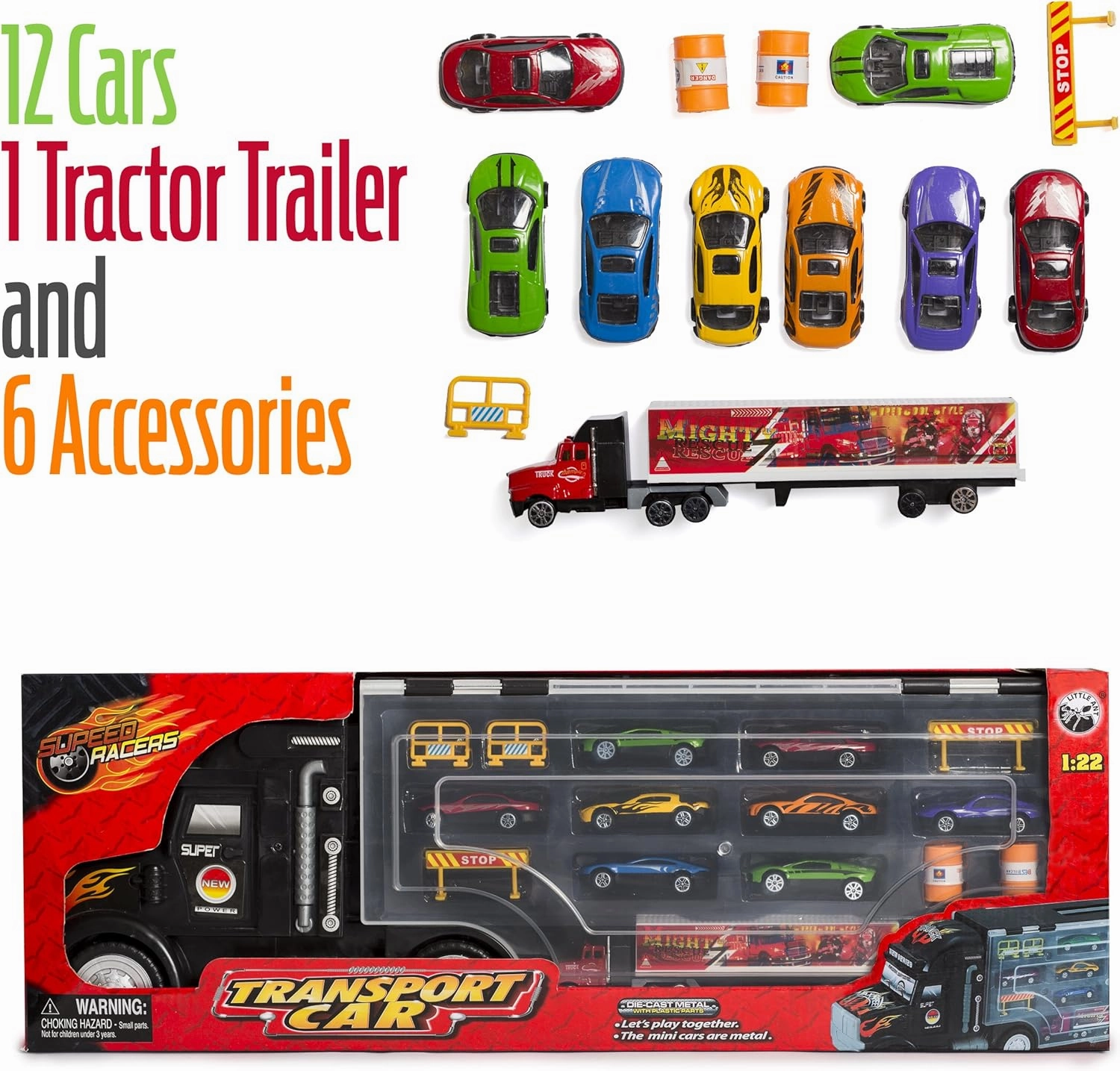 Big Daddy Super Mega Extra Large Tractor Trailer Car Collection Case Carrier Transport Toy Truck for Kids Includes 8 Cars 1 Small Tractor Trailer & 6 More Accessories