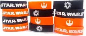 Bioworld Star Wars Imperial & Rebel Alliance Symbol Rubber Wrist bands 12 pack - Party Favors Theme Birthday Supplies Goody Bag Kids Teen Size Rubber Wristband Bracelets for Boys Girls - Black Orange