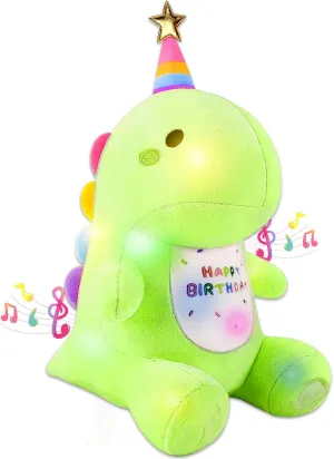 Birthday Dinosaur Plush Stuffed Animal - 12" Green Plush Toy with Light & Happy Birthday Music, Weighted Dino Plushie, Cute Kawaii Soft Pillow Gifts Stuffies for Boys Girls Babies Kids Decorations