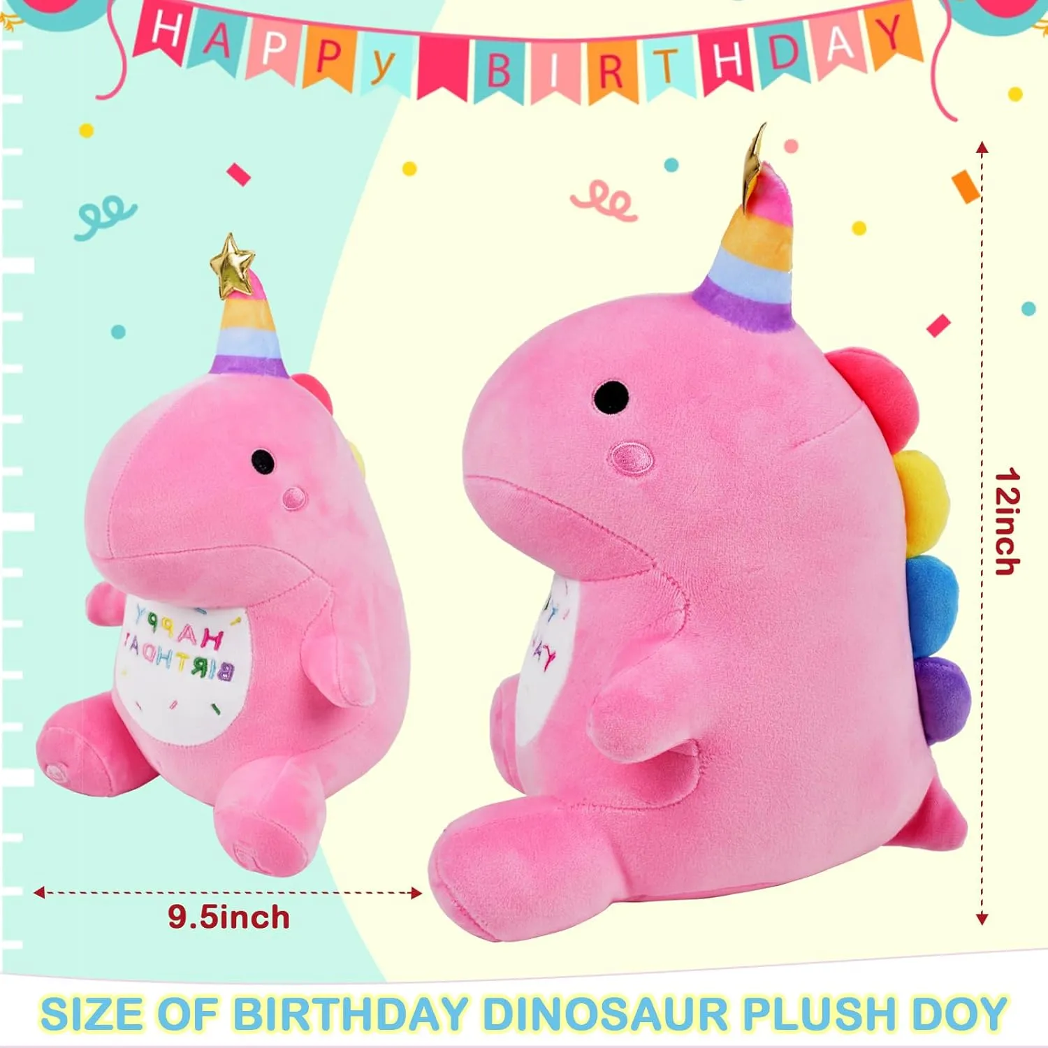 Birthday Dinosaur Plush Stuffed Animal - 12" Pink Plush Toy with Light & Happy Birthday Music, Weighted Dino Plushie, Cute Kawaii Soft Pillow Gifts Stuffies for Boys Girls Babies Kids Decorations
