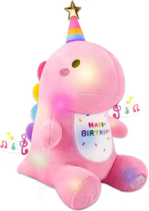 Birthday Dinosaur Plush Stuffed Animal - 12" Pink Plush Toy with Light & Happy Birthday Music, Weighted Dino Plushie, Cute Kawaii Soft Pillow Gifts Stuffies for Boys Girls Babies Kids Decorations