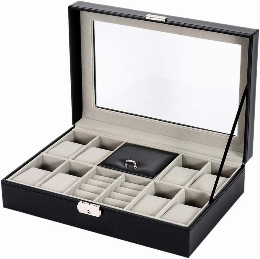 Black Jewelry Box 8-Slot Watch Manager with Transparent top Cover and Metal Buckle Lock Jewelry Storage Box for Watches, Rings and Bracelets