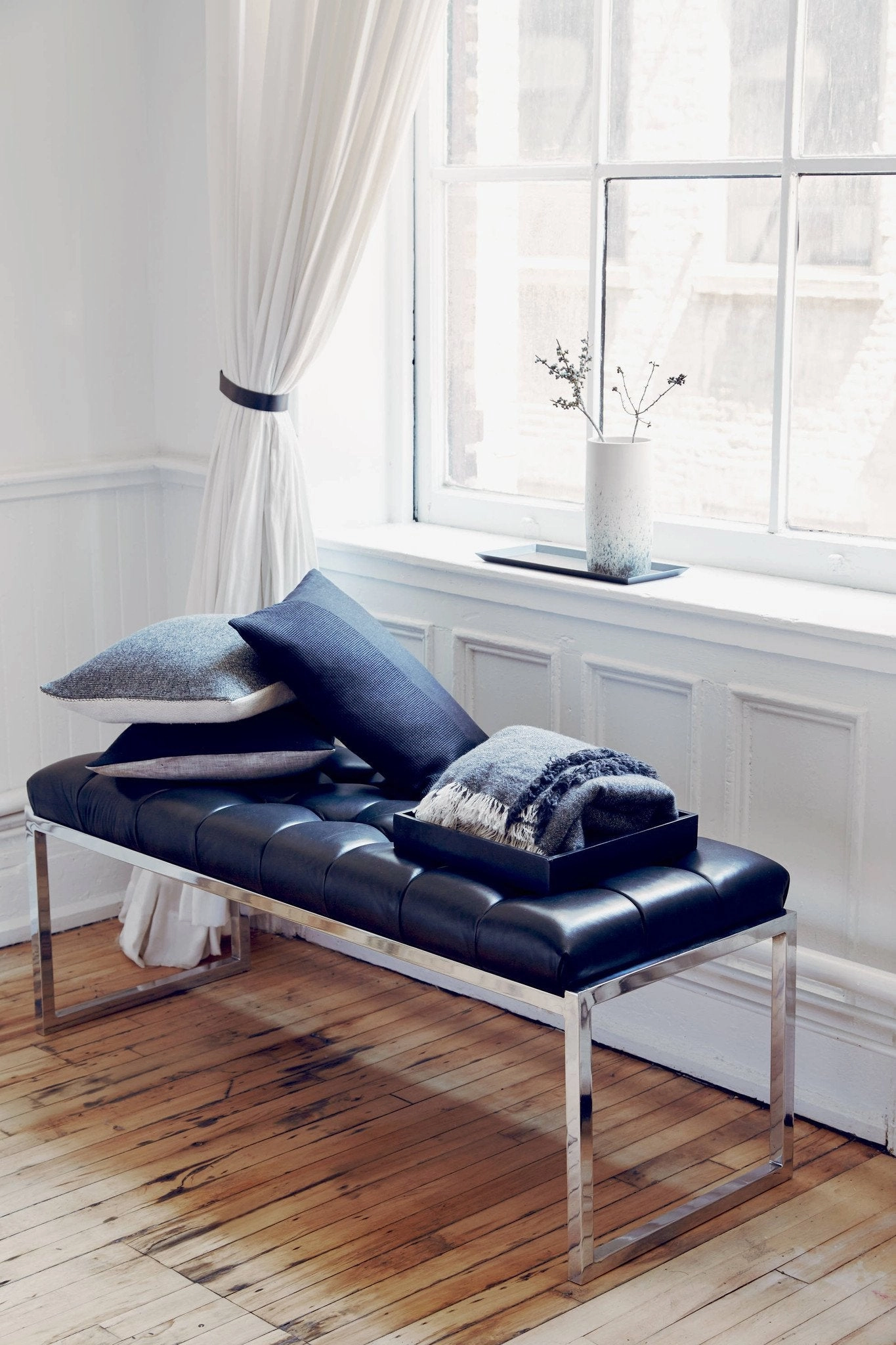 Black Leather Tufted Bench