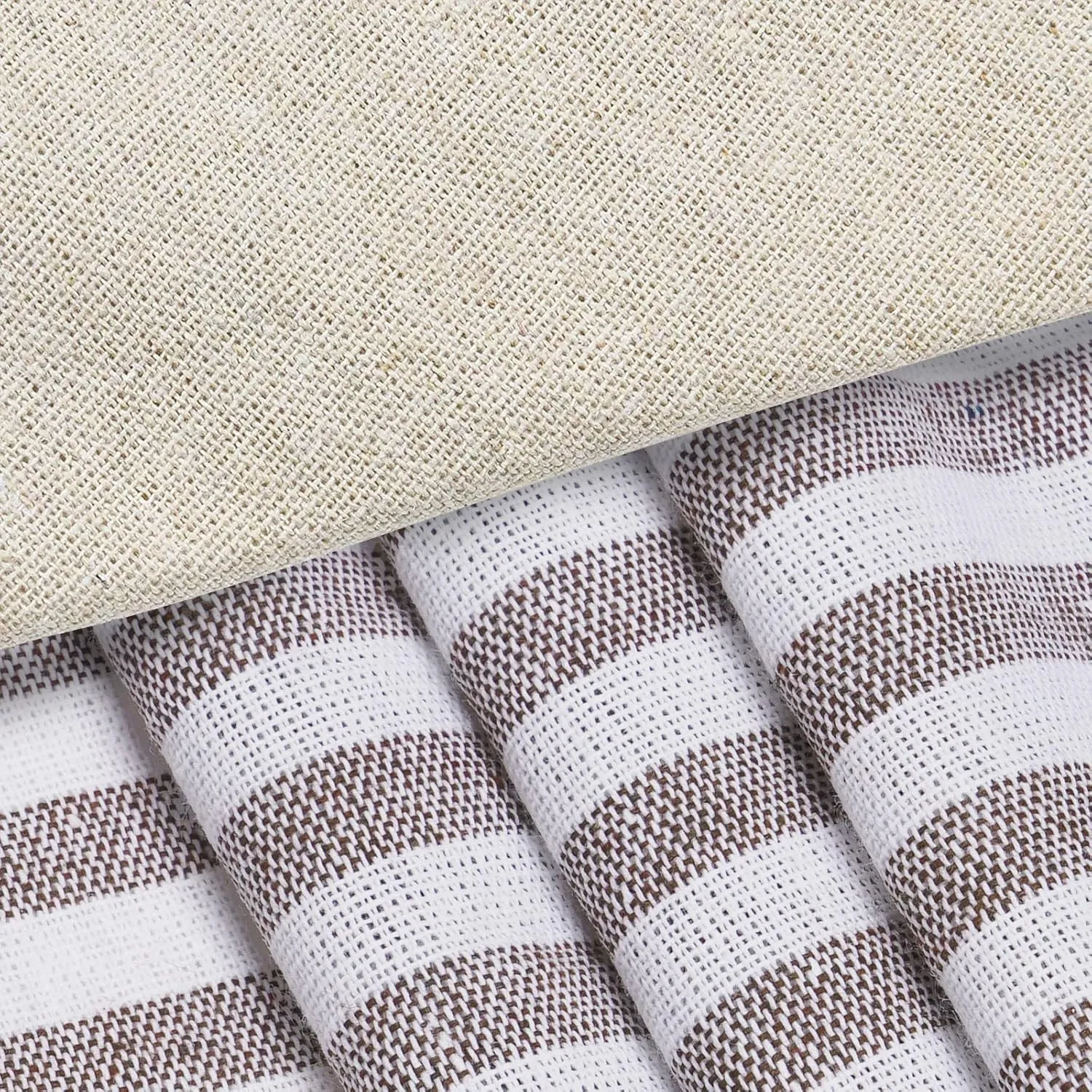 BLEUM CADE Cotton Linen Farmhouse Curtains Boho Rustic Button Curtains Natural and Brown Stripe Color Block Curtain Rod Pocket & Back Tab Window Drapes for Bedroom Living Room(52 x 84 Inch, 2 Panels)